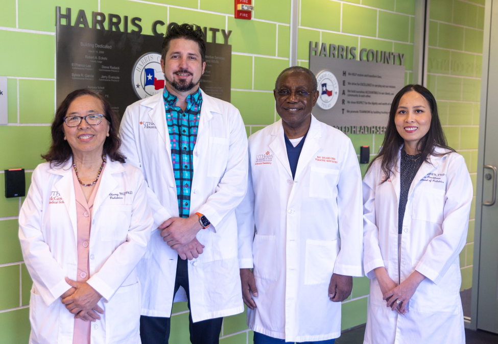 From left to right: Kim Cheung, MD; Christopher Frederick, DO; Nathanael Salako, BDS; and Tram Mai, NP, from UTHealth Houston join to provide comprehensive health care. (Photo by UTHealth Houston)